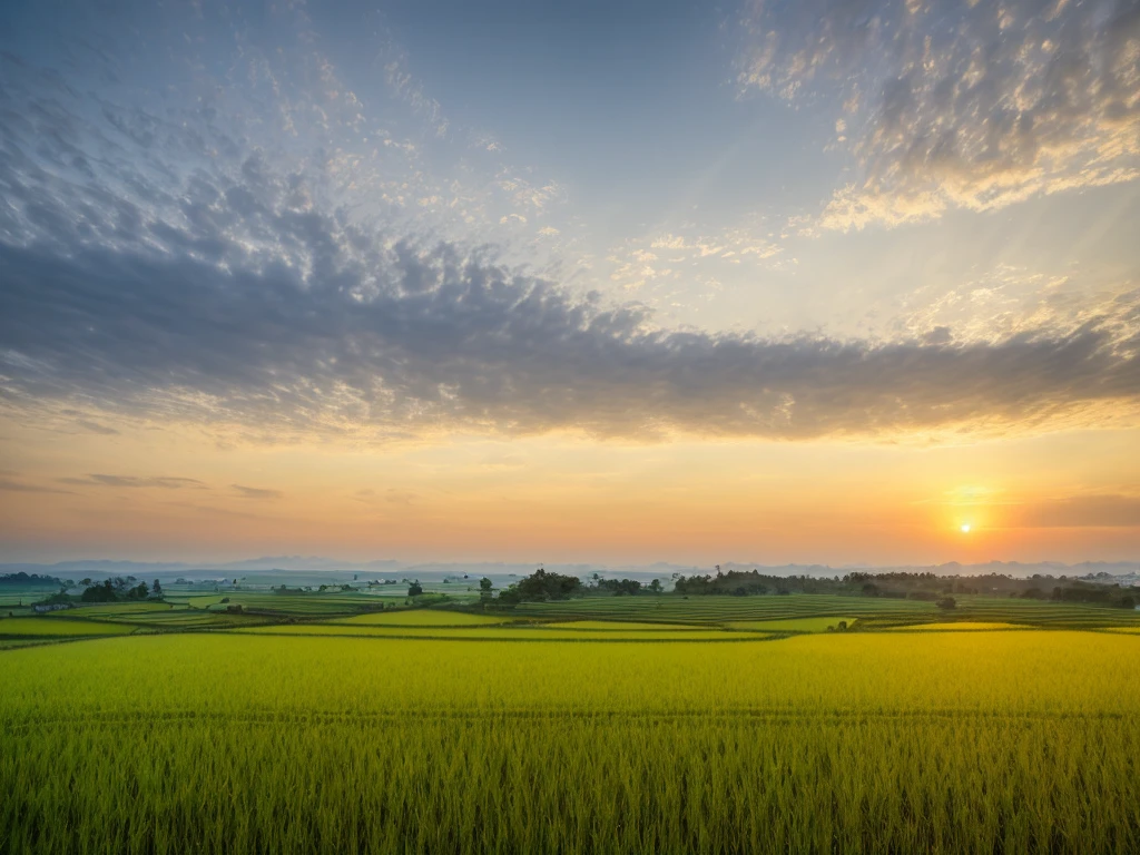 ((best quality)), ((photorealistic)), ((8k)), ((ultra high res)), ((masterpiece)), (detailed), Clouds, rice fields, horizon, sunset, The photo has depth