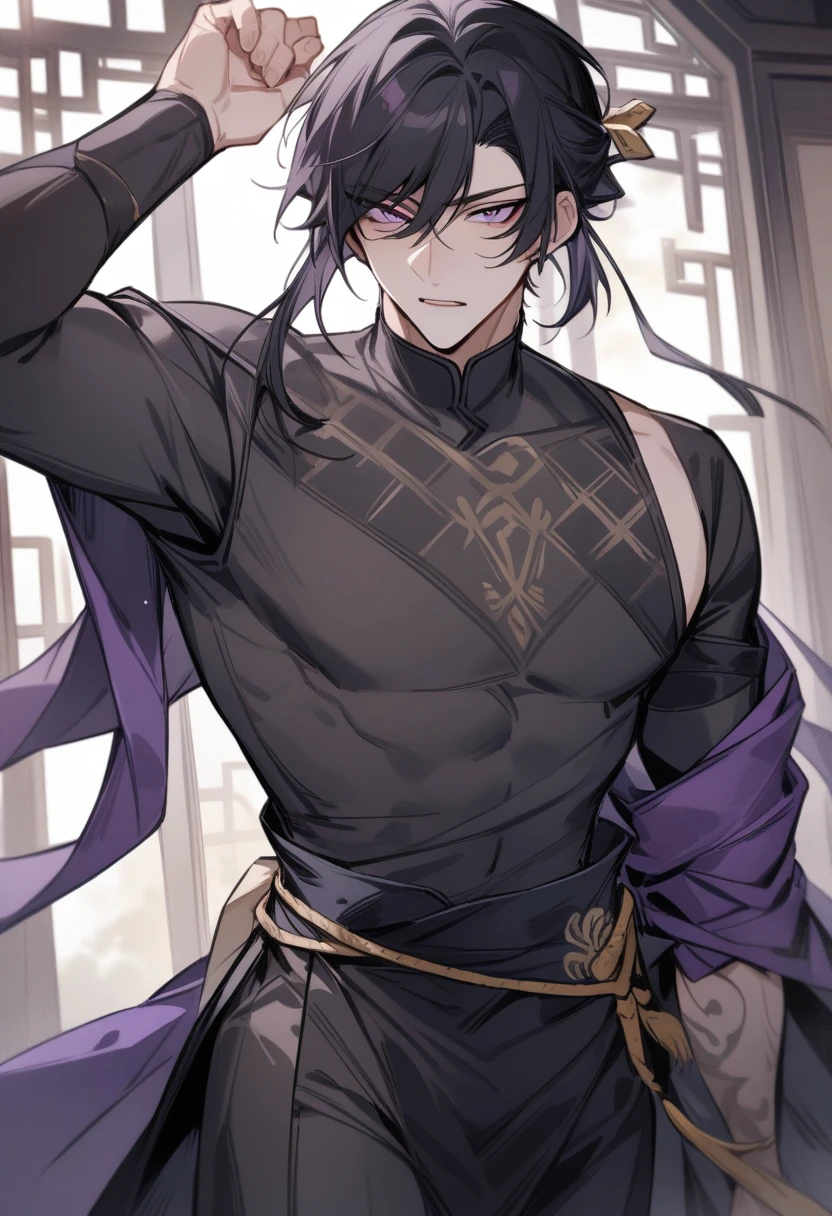 (masterpiece, best quality:1.2), 1male, solo, jiang cheng, mo dao zu shi, mdzs, purple and black clothes, purple eyes, long black hair, perfect anatomy