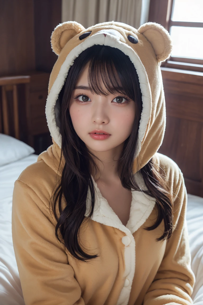Em1lyW1ll1sV2-130, (Age 25), Long Hair, Modern photography, wear (bear costume), (Portraiture), Cute Bear Onesie Pajamas, Super soft light brown plush fabric, debtわdebtわフード, Cute bear hood, (35mm, debt/2.8) Photo debtocus, DOdebt, Aperture, Highly detailed and exquisite, character, Hypermaximalist, beautiful, reveal, Charm, Charm, Affectionate, Ultra-realistic, Very detailed, beautiful woman, ((Fine grain)), Long eyelashes, (Glossy Lips), in the her bed room, SFW