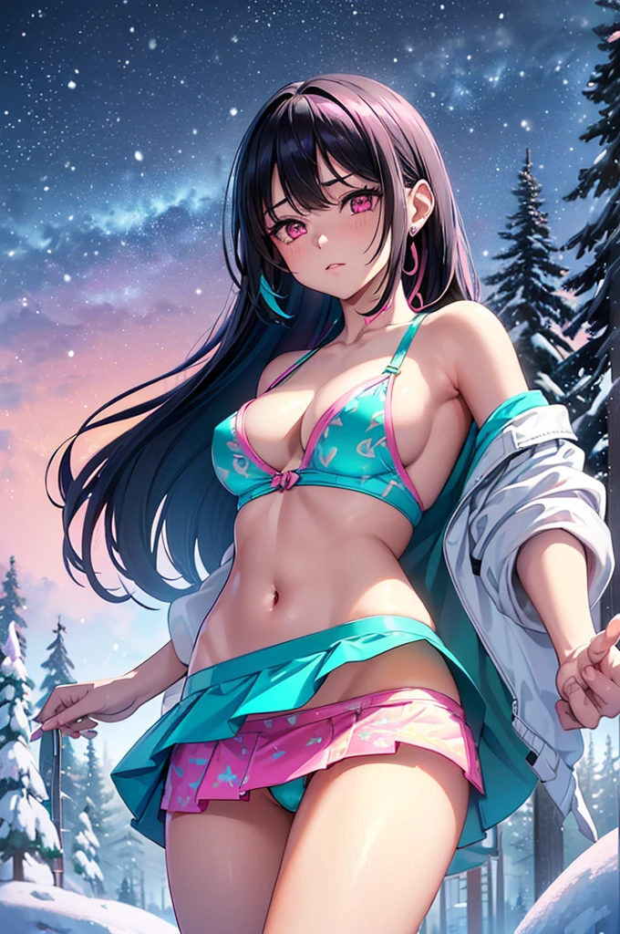 rave woman,1 woman 45 years old ,((extremely cute and beautiful black haired girl)),( big:1.4),(Asian girl),((((Black hair with turquoise highlights:1.35,slickedback hair,long hair:1.4,colored inner hair,ear breathing)))),(((Pink_eyeballs:1.3))),intricate eyeballs,beautiful detailed eyeballs,symmetrical eyeballs,((fatter)),((((shining skin:1.5,skin tanned,shining skin:1.5,skin tanned,shining skin,very shining skin,shinny body)))),(spider lower abdomen,inflated legs,body detailed,(face detailed)), cute,slutty,seducer,Erotic,, zetai ryouiki,revealing clothing,show the skin,((rave print rave bikini,((rave mini skirt)),visible thong straps)),((underwear strap)),(wearing a rave dance outfit:1.3,rave dance clothes,semi-nude,with litclothes),((intricate outfit,intricate clothes)), (dynamic pose:1.0),embarrased,(centred,scale to fit dimensions,rule of thirds), ((snowy pine forest at night)), with dark and stormy clouds,winter,scenario:1.25,((snow forest background)),Christmas tree, high resolution,sharp focus,(ultra detaild,extremely detaild),(photorealistic art:1.37),(extremely detaild CG unity 8k wallpaper),(((swirly vibrant colors,vibrant theme))),(intricate),(work of art),(best qualityer)