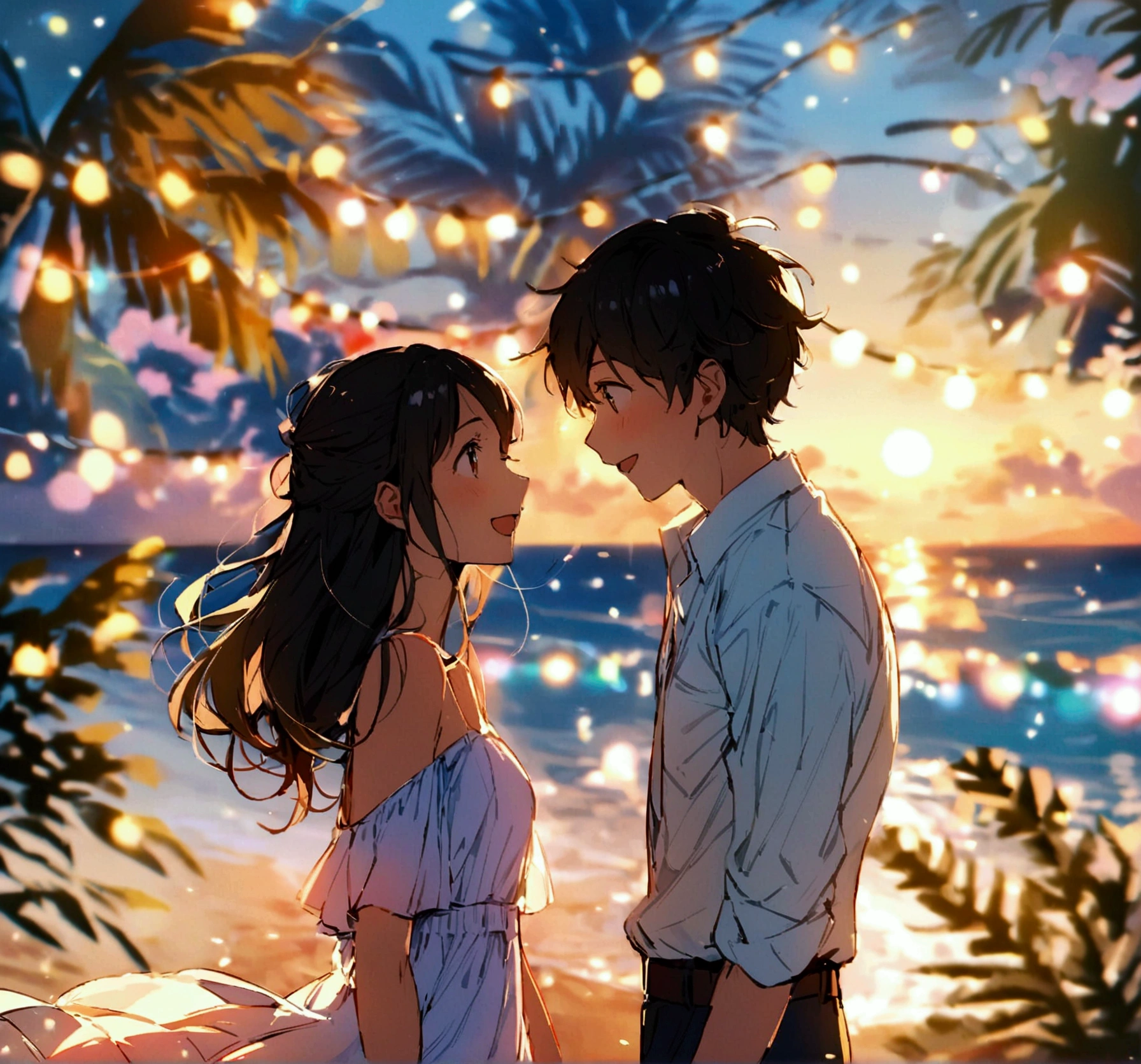 Create an image of a happy couple at a seaside resort on a summer night. The couple is standing close together, with spontaneous, joyful smiles on their faces. They are dressed in light, summery clothes. The background features a beautiful beach scene, with twinkling lights from nearby beach bars, palm trees swaying in the gentle breeze, and the moon reflecting on the calm sea. The atmosphere is warm and inviting, with a sense of romance and happiness, capturing a perfect summer evening.