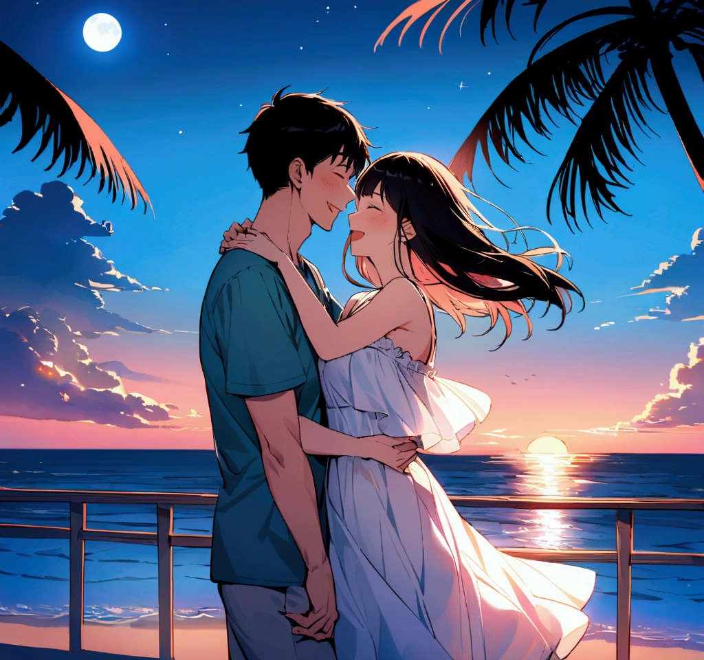 Create an image of a happy couple at a seaside resort on a summer night. The couple is standing close together, with spontaneous, joyful smiles on their faces. They are dressed in light, summery clothes. The background features a beautiful beach scene, with twinkling lights from nearby beach bars, palm trees swaying in the gentle breeze, and the moon reflecting on the calm sea. The atmosphere is warm and inviting, with a sense of romance and happiness, capturing a perfect summer evening.