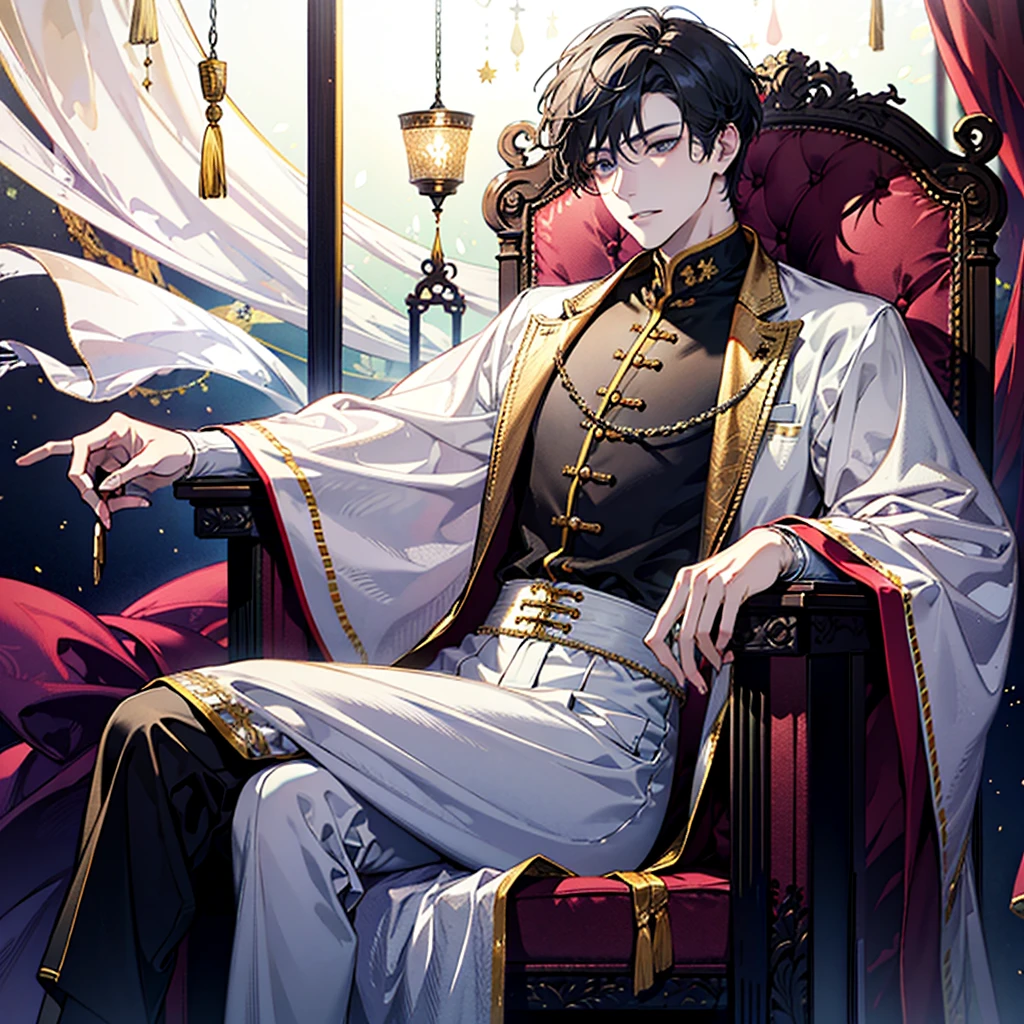 masterpiece, 8k, best quality, extremely detailed, Sitting on king's chair, pompous, aristocrat, beautiful man, luxurious, leaning back, oriental clothing, gold decoration, dragon embroidery, full body