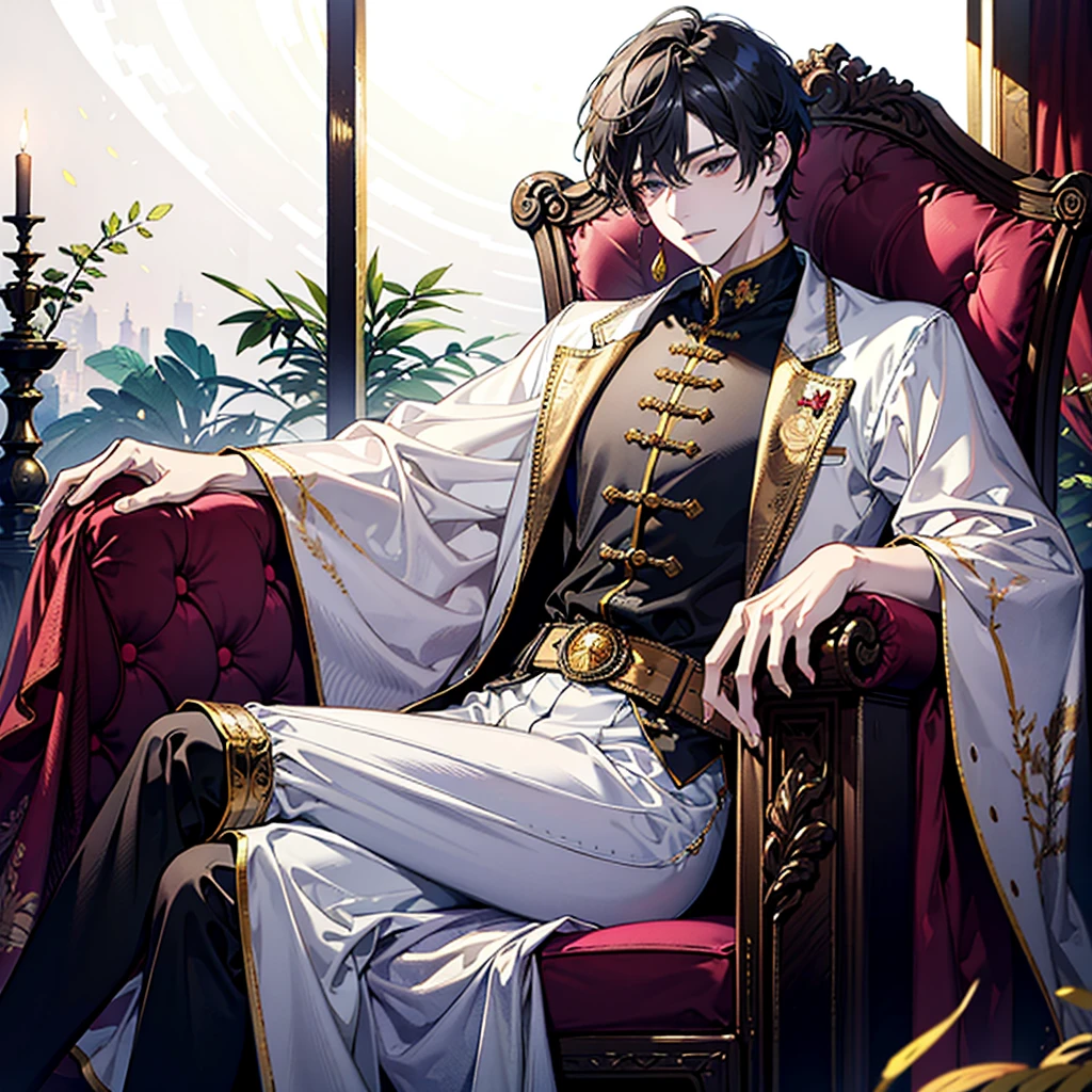 masterpiece, 8k, best quality, extremely detailed, Sitting on king's chair, pompous, aristocrat, beautiful man, luxurious, leaning back, oriental clothing, gold decoration, dragon embroidery, full body