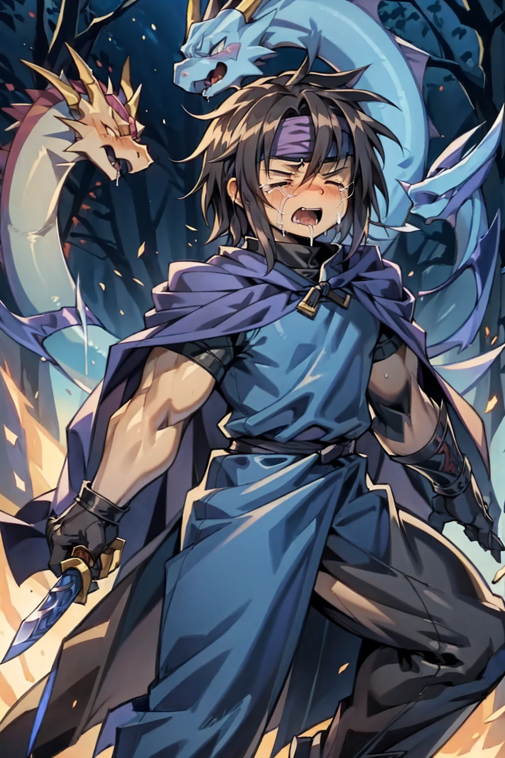 Male swordsman,cape, black robe, headband, 2 dragons,Huge erect penis､Well-trained muscles,Young boy,Face in pain,Crying face,Drooling,Protruding veins in the body,