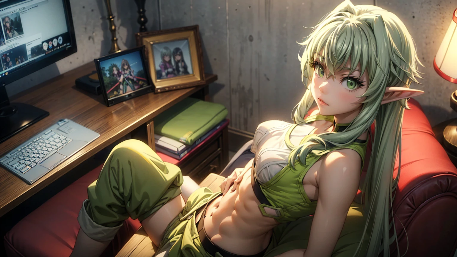 Create a high-quality, detailed image of a beautiful anime goblin girl with light green skin, HER SKIN COLOR IS GREEN, and long hair, sitting at her gaming PC in her bedroom. She is wearing a see-through tank top, along with sleep shorts that reveal her midriff and highlight her stunning curves. The warm, inviting scene includes soft ambient lighting and comfortable seating. The bedroom is illuminated by a small lamp, creating a serene and intimate atmosphere. Ensure the room has cozy elements like a bed with plush pillows and blankets, posters on the walls, and a few gaming accessories scattered around to enhance the ambiance. The goblin girl is relaxed, immersed in her gaming setup, which adds a playful and comfortable vibe to the scene.