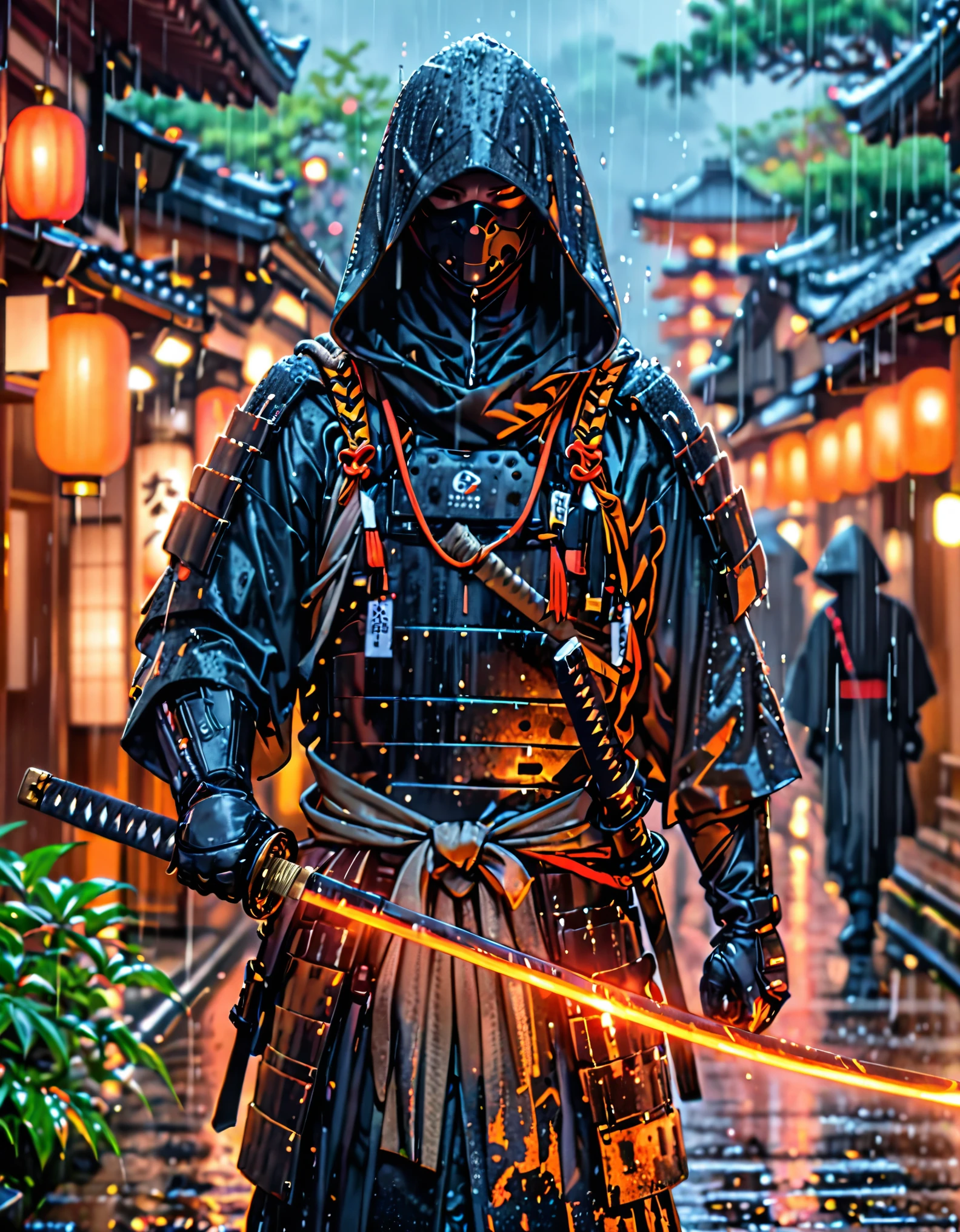 (masterpiece), (best quality), (hires), 1male, male focus, solo, solo focus, A man in a dark combat suit, covering his entire body, with a hood and black mask that covers him up to his nose, holds a Japanese katana in his hand. Kyoto background, rainy atmosphere, cybernetic enhancements, dark brown eyes, cowboy shot, complete fingers, black gloves, matching boots. Full body with costume.