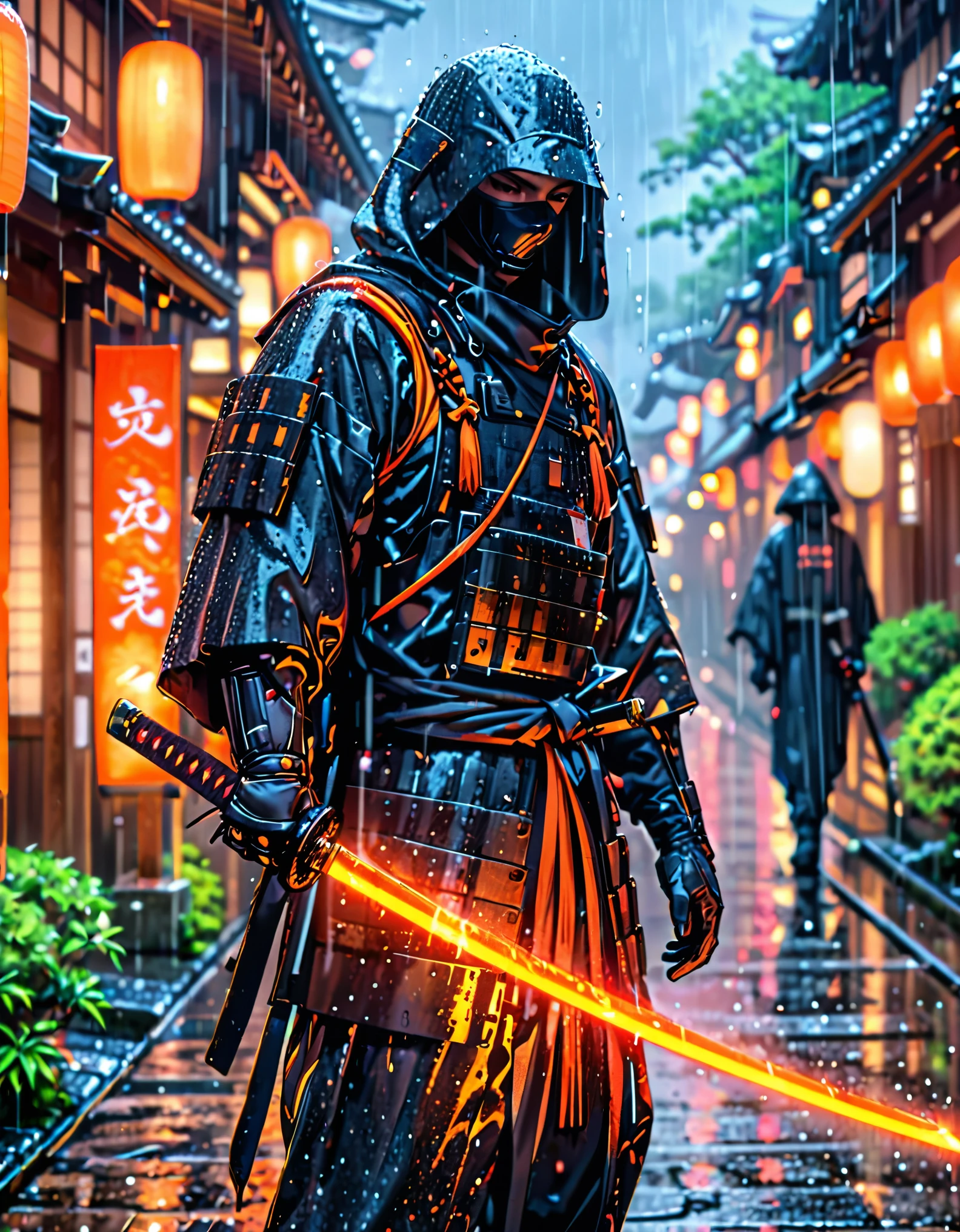 (masterpiece), (best quality), (hires), 1male, male focus, solo, solo focus, A man in a dark combat suit, covering his entire body, with a hood and black mask that covers him up to his nose, holds a Japanese katana in his hand. Kyoto background, rainy atmosphere, cybernetic enhancements, dark brown eyes, cowboy shot, complete fingers, black gloves, matching boots. Full body with costume.
