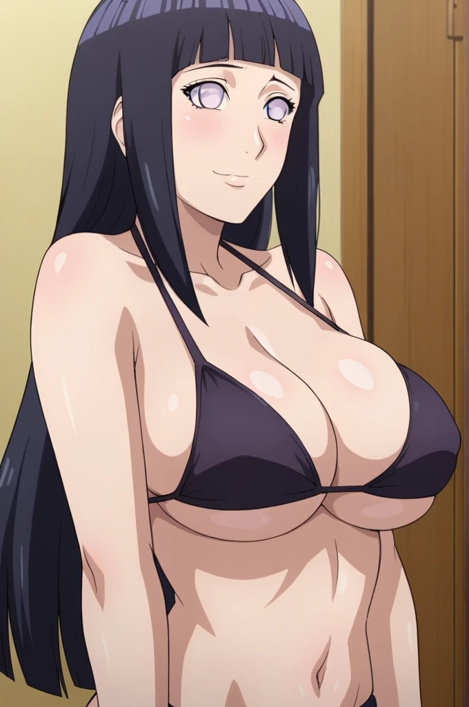 score_9, 1girl,solo, facing viewer, large breasts, (hinata, hyuuga hinata, purple eyes, blunt bangs, black hair) 1girl, solo, big breasts, perfect breasts, large breasts, round breasts, cute face, blushed smile, smile, black bikini top, cleavage, bare shoulders, collarbon, bare arms, underboob, full frame, head in frame, looking up