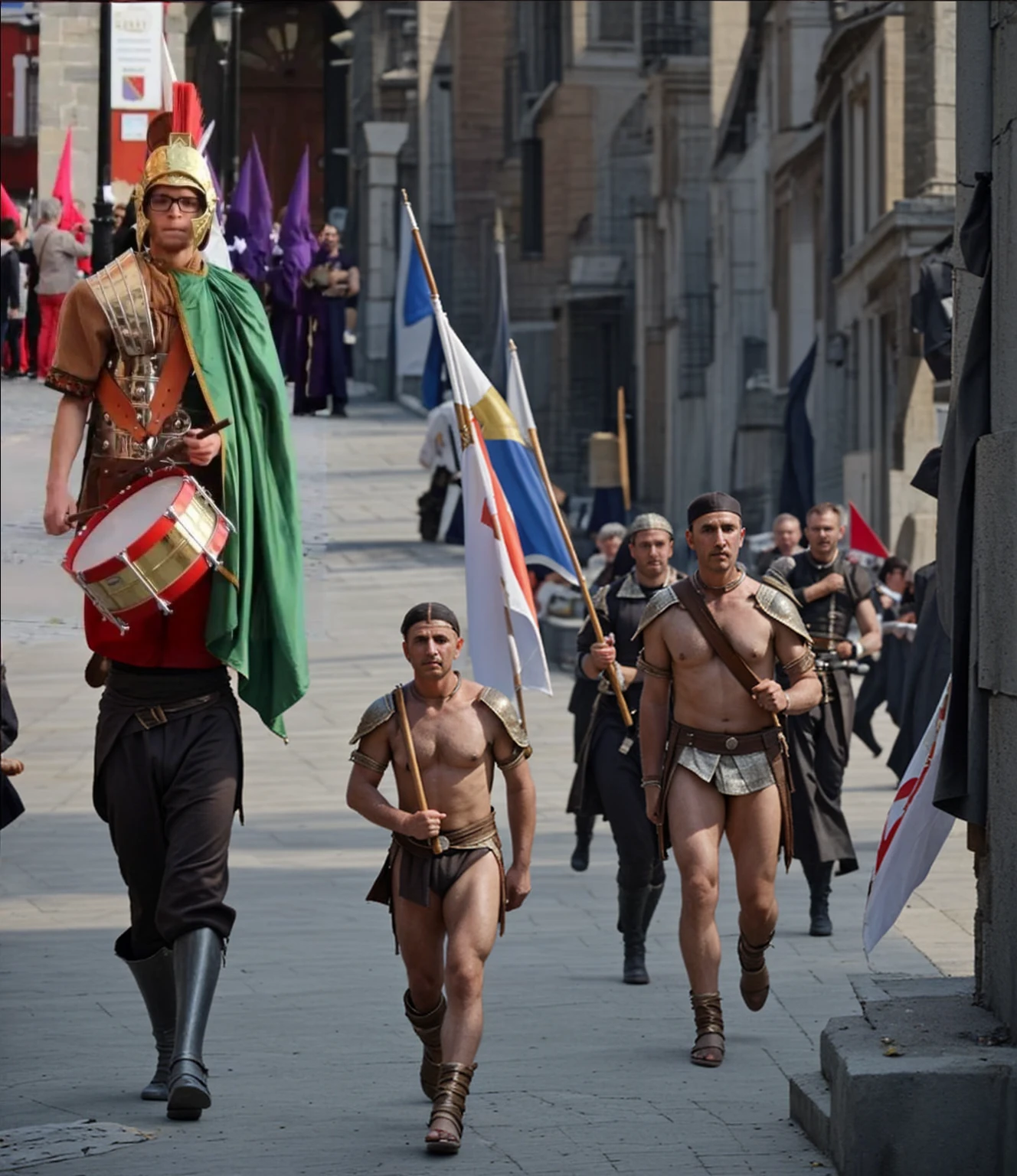 Parading to war with other Romans on a sunny day. Prepared to fight for Rome. Banners. Pilum.