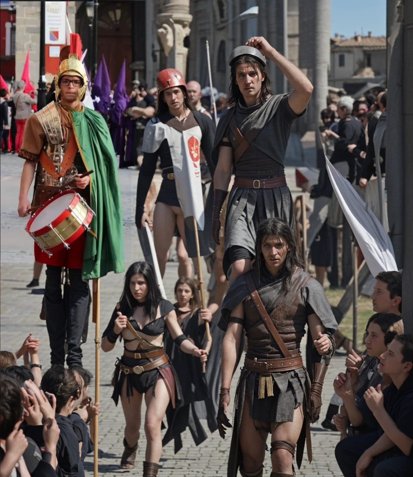 Parading to war with other Romans on a sunny day. Prepared to fight for Rome. Banners. Pilum.