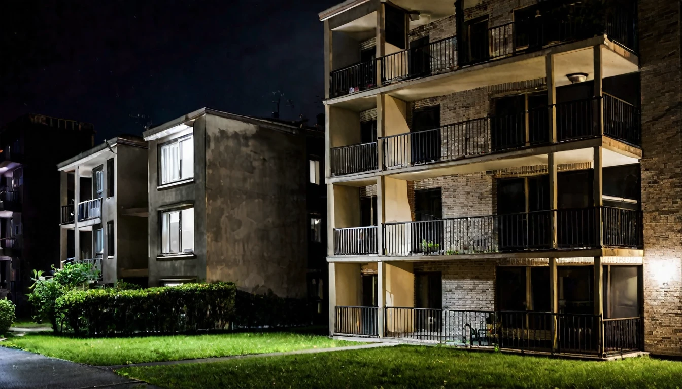apartment complex, tense atmosphere, dark night, no people in the place