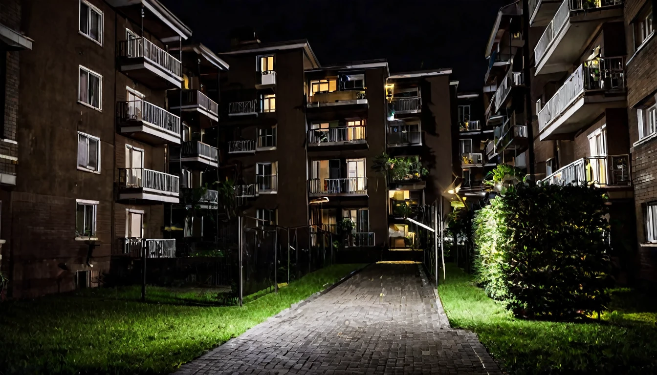 apartment complex, tense atmosphere, dark night, no people in the place