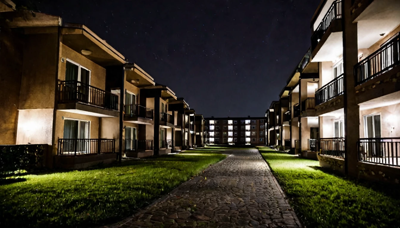 apartment complex, tense atmosphere, dark night, no people in the place
