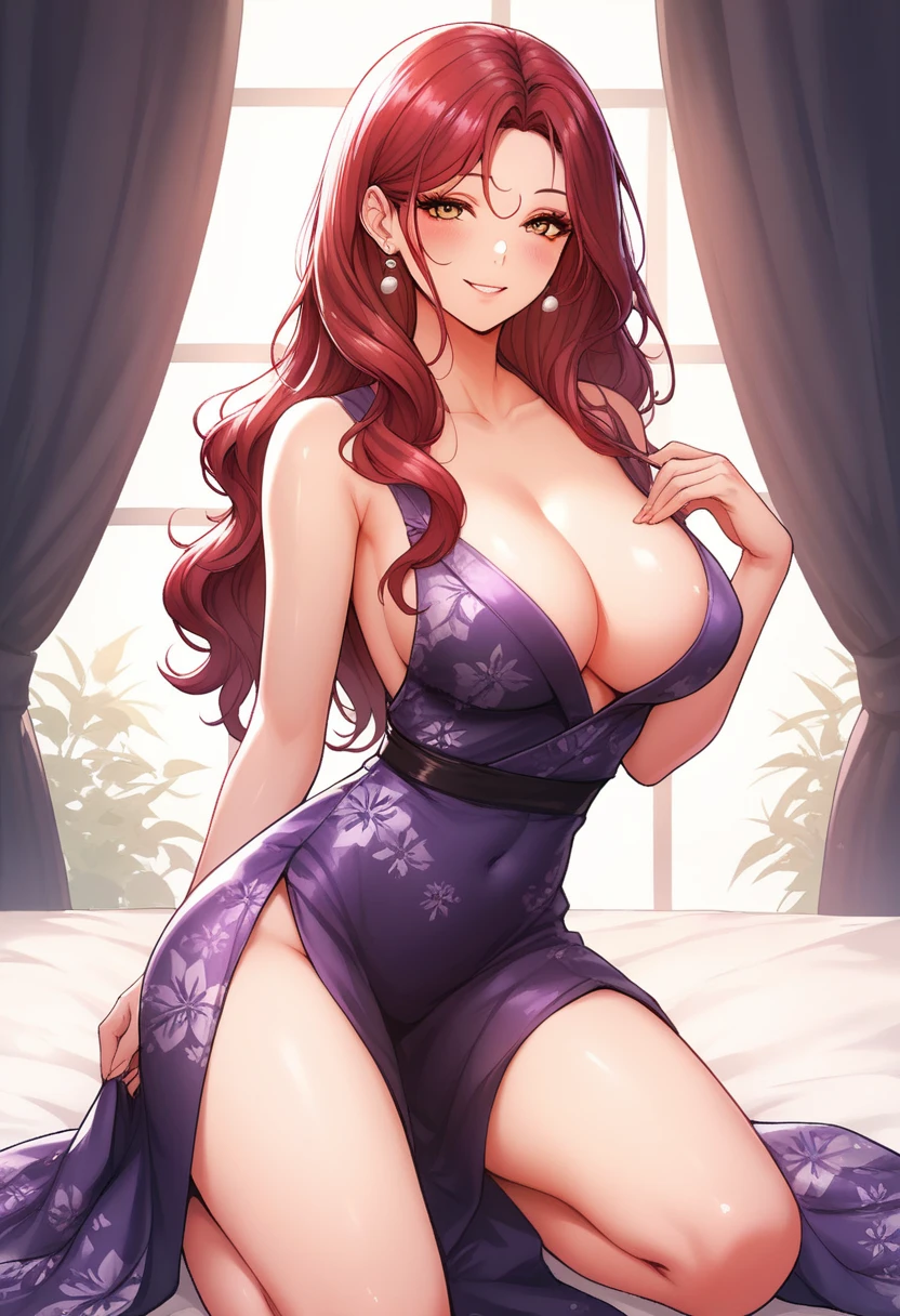 score_9, score_8_up, score_7_up, score_6_up, score_5_up, score_4_up, yu hee, golden eyes, red hair, long hair, thigh, elegant, purple yukata dress, Kneeling on the bed, traditional, smiling, solid,