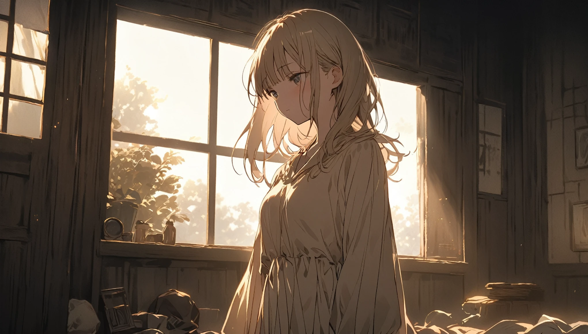 An anime girl standing in a softly lit room with a melancholic expression. The background shows a cozy room with personal items scattered around, indicating a once cherished relationship. A window lets in the soft light of a setting sun, casting long shadows and a warm glow, symbolizing the passage of time and fading hopes. The girl's posture is slightly slumped, conveying her emotional struggle. The atmosphere is filled with a sense of sadness and realization, but also a hint of strength as she begins to accept the reality and move on. The lighting enhances her reflective mood, with shadows accentuating the depth of her emotions.