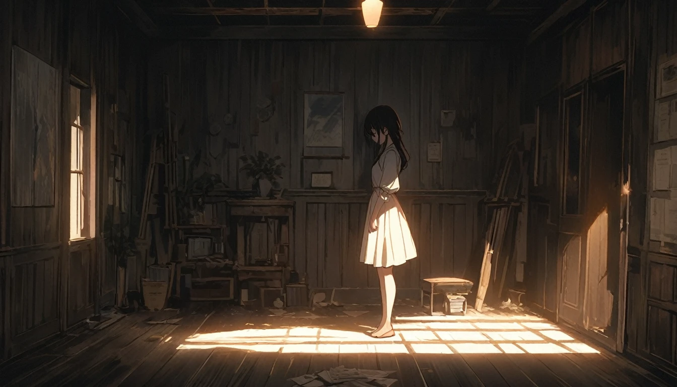 An anime girl standing in a softly lit room with a melancholic expression. The background shows a cozy room with personal items tered around, indicating a once cherished relationship. A window lets in the soft light of a setting sun, casting long shadows and a warm glow, symbolizing the passage of time and fading hopes. The girl's posture is slightly slumped, conveying her emotional struggle. The atmosphere is filled with a sense of sadness and realization, but also a hint of strength as she begins to accept the reality and move on. The lighting enhances her reflective mood, with shadows accentuating the depth of her emotions.