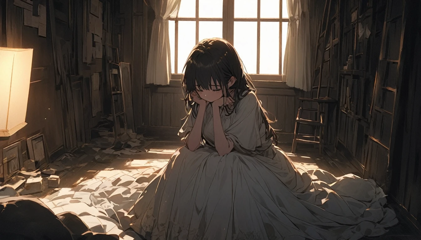 An anime girl standing in a softly lit room with a melancholic expression.  The background shows a cozy room with personal items scattered around, indicating a once cherished relationship. A window lets in the soft light of a setting sun, casting long shadows and a warm glow, symbolizing the passage of time and fading hopes. The girl's posture is slightly slumped, conveying her emotional struggle. The atmosphere is filled with a sense of sadness and realization, but also a hint of strength as she begins to accept the reality and move on. The lighting enhances her reflective mood, with shadows accentuating the depth of her emotions.
