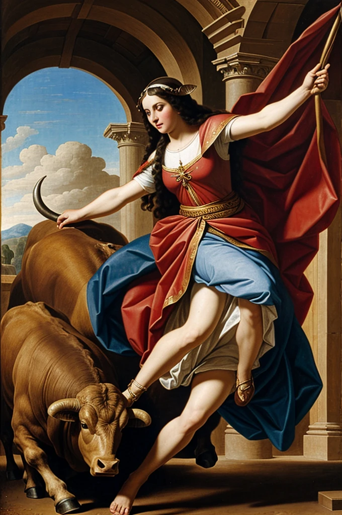 The Virgin Mary fighting a bull with her mantle