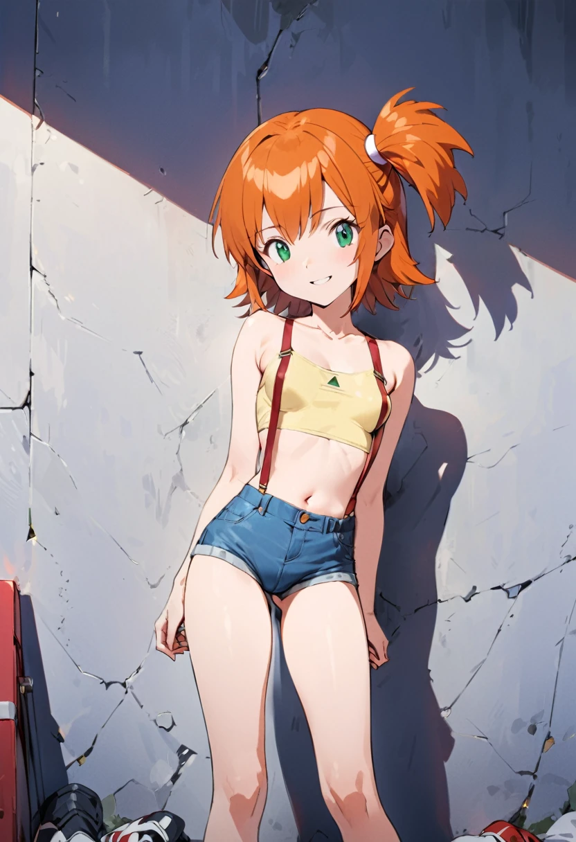 ((masterpiece,High resolution,Highest quality,8K,Detailed face and anatomy))
(Foggy_Pokemon)(One 18-year-old woman)
(Berry Short,Orange Hair,One-sided up hair,Big green eyes,insect eyes,Small breasts,skinny)
(Yellow Sleeveless T-Shirt,Navel exposed,Denim hot pants,Red suspenders,sneakers)
Grin