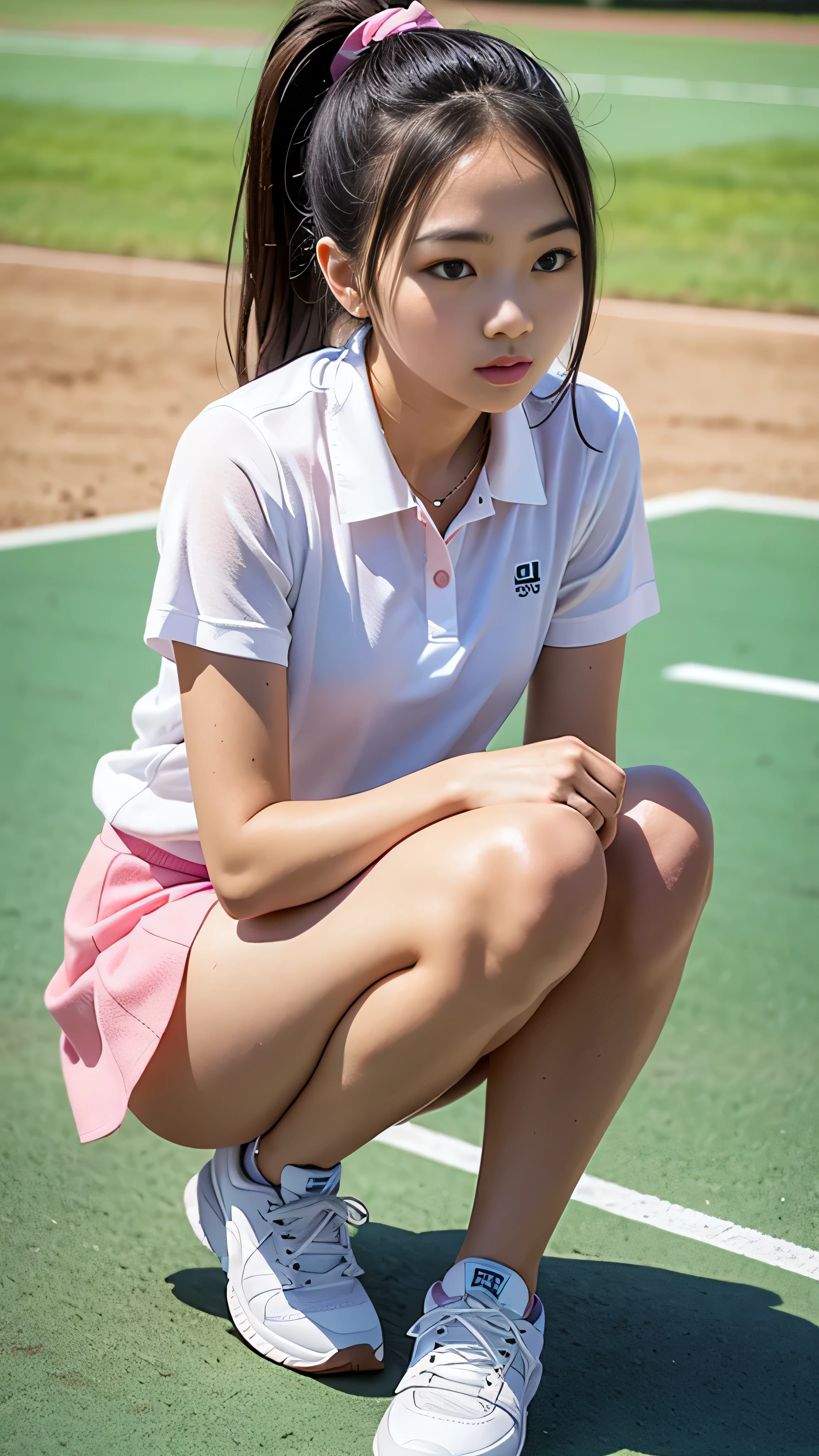 1 Girl, alone, White polo shirt, White sneakers, Pink tennis wear: 1.3, White mini skirt, masterpiece, Highest quality, Realistic, Hyper Detail, (Shiny skin: 1.4), Confused, camera'sight, (Short blonde), Brown eyes, thin, Dynamic Lighting, High resolution, Sharp focus, Written boundary depth, Beautiful Eyes, Realistic eyes, (big: 1.2), (Thick thighs: 1.0), Outdoor, null, Korean Idol, Nogizaka idol, idol carving, actress, ((Her skirt is rolled up))、((Blue and white striped low rise high leg panties are visible.))