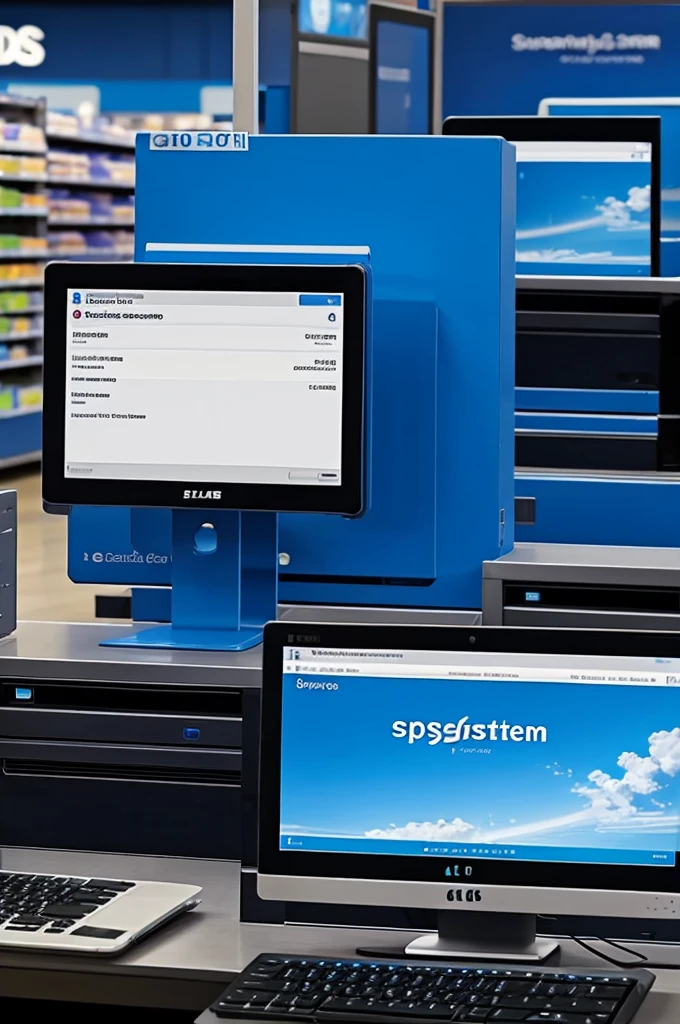 The system showing inventory management. With blue backgrounds on a computer in a store
