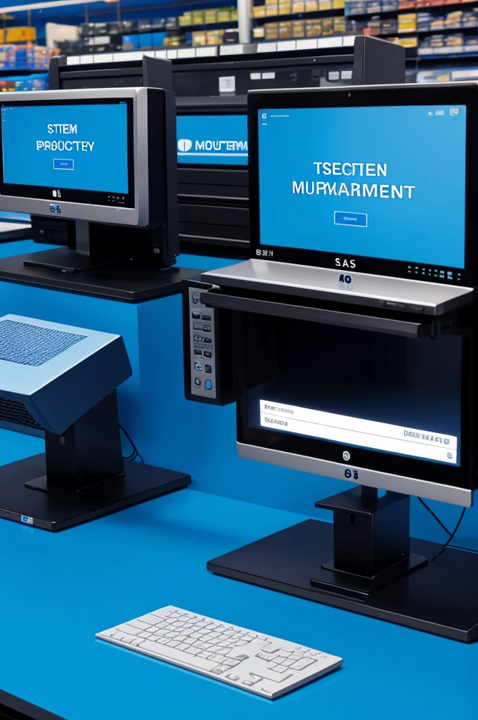 The system showing inventory management. With blue backgrounds on a single computer in a store
