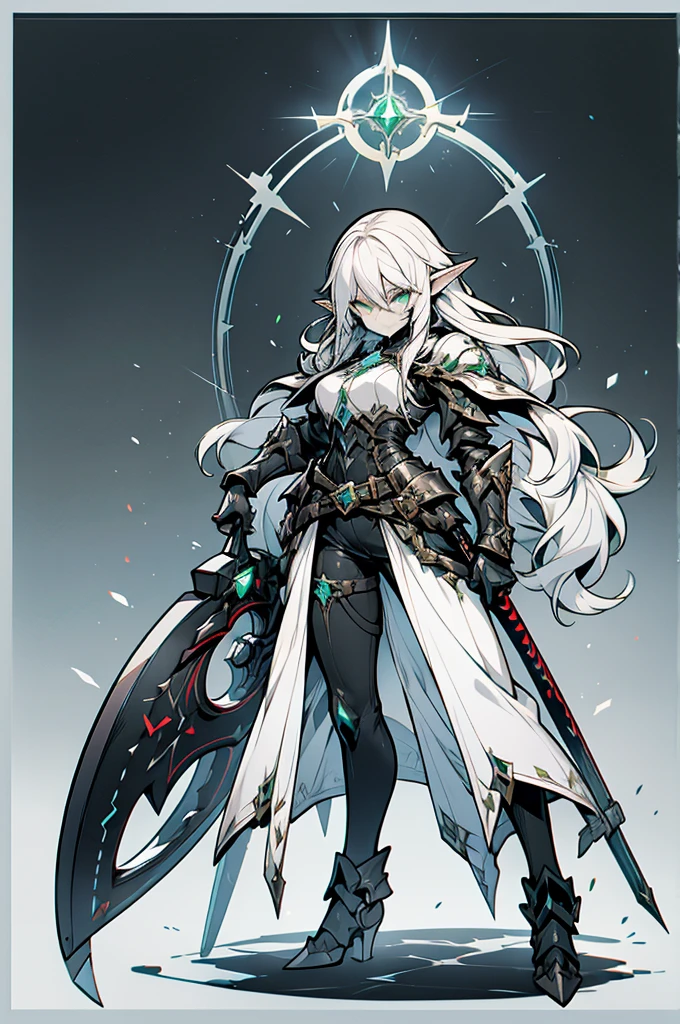 female elf necromancer, silver hair, white skin, emerald eyes, sinister aura black full leather armor, completely full body art, pointy ears, greatest two-handed scythe weapon