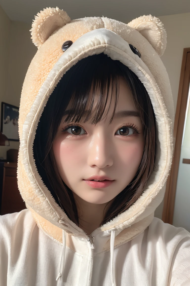 Em1lyW1ll1sV2-130, (Age 25), Long Hair, Modern photography, wear (bear costume), (Portraiture), Cute Bear Onesie Pajamas, Super soft light brown plush fabric, debtわdebtわフード, Cute bear hood, (35mm, debt/2.8) Photo debtocus, DOdebt, Aperture, Highly detailed and exquisite, character, Hypermaximalist, beautiful, reveal, Charm, Charm, Affectionate, Ultra-realistic, Very detailed, beautiful woman, ((Fine grain)), Long eyelashes, (Glossy Lips), in the her bed room, SFW