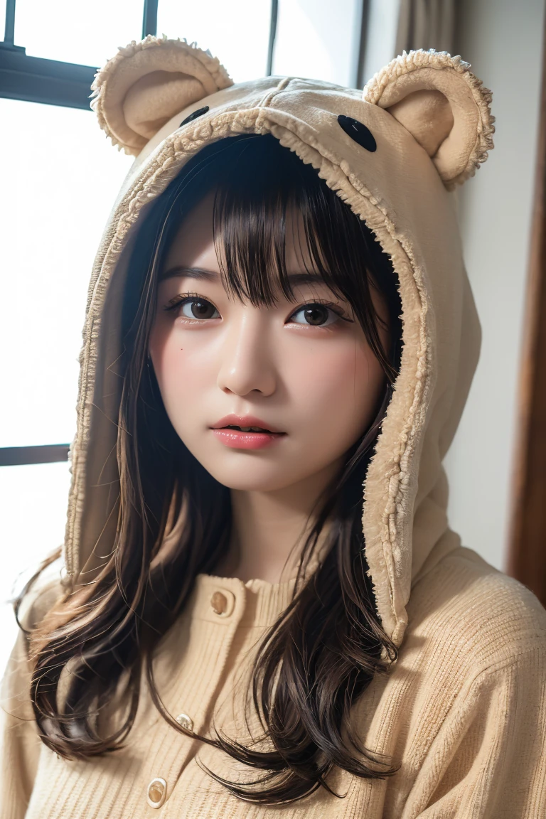 Em1lyW1ll1sV2-130, (Age 25), Long Hair, Modern photography, wear (bear costume), (Portraiture), Cute Bear Onesie Pajamas, Super soft light brown plush fabric, debtわdebtわフード, Cute bear hood, (35mm, debt/2.8) Photo debtocus, DOdebt, Aperture, Highly detailed and exquisite, character, Hypermaximalist, beautiful, reveal, Charm, Charm, Affectionate, Ultra-realistic, Very detailed, beautiful woman, ((Fine grain)), Long eyelashes, (Glossy Lips), in the her bed room, SFW