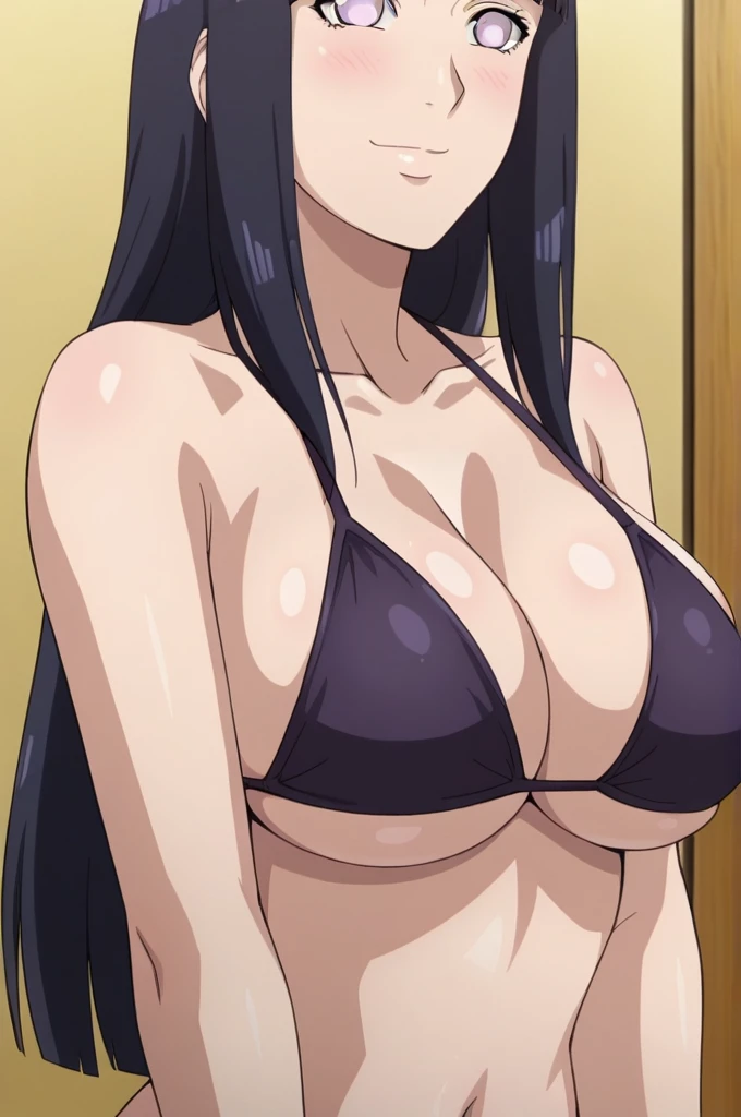 score_9, 1girl,solo, facing viewer, large breasts, (hinata, hyuuga hinata, purple eyes, blunt bangs, black hair) 1girl, solo, big breasts, perfect breasts, large breasts, round breasts, cute face, blushed smile, smile, black bikini top, cleavage, bare shoulders, collarbon, bare arms, underboob, full frame, head in frame, looking up