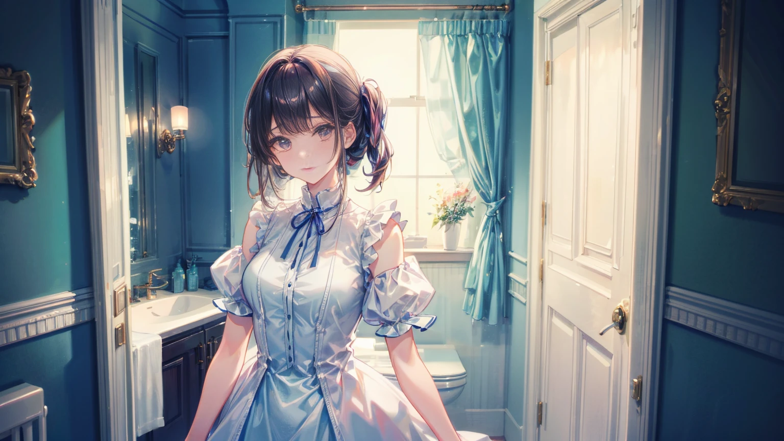 (Very detailed figure), masterpiece, (Very detailed), Detail Quality Top Quality, (Very detailed: 1. 1), Very detailed light reflection, Harmony, Very detailed background, Very detailed, High resolution, production Official art, Very detailed, figure, Novel cover, Beautiful woman、Draw a scene of Misaki standing in front of the bathroom mirror.。Misaki is wearing a transparent dress with a light mist-like texture.。The dress symbolized her loneliness.、It gives a heavy yet ephemeral feeling.。Her expression is sad and introspective.、I'm looking at myself in the mirror。The background is a simple and contemporary bathroom.、The soft morning light shines in、There's a little bit of steam。The cityscape is faintly reflected in the mirror.。