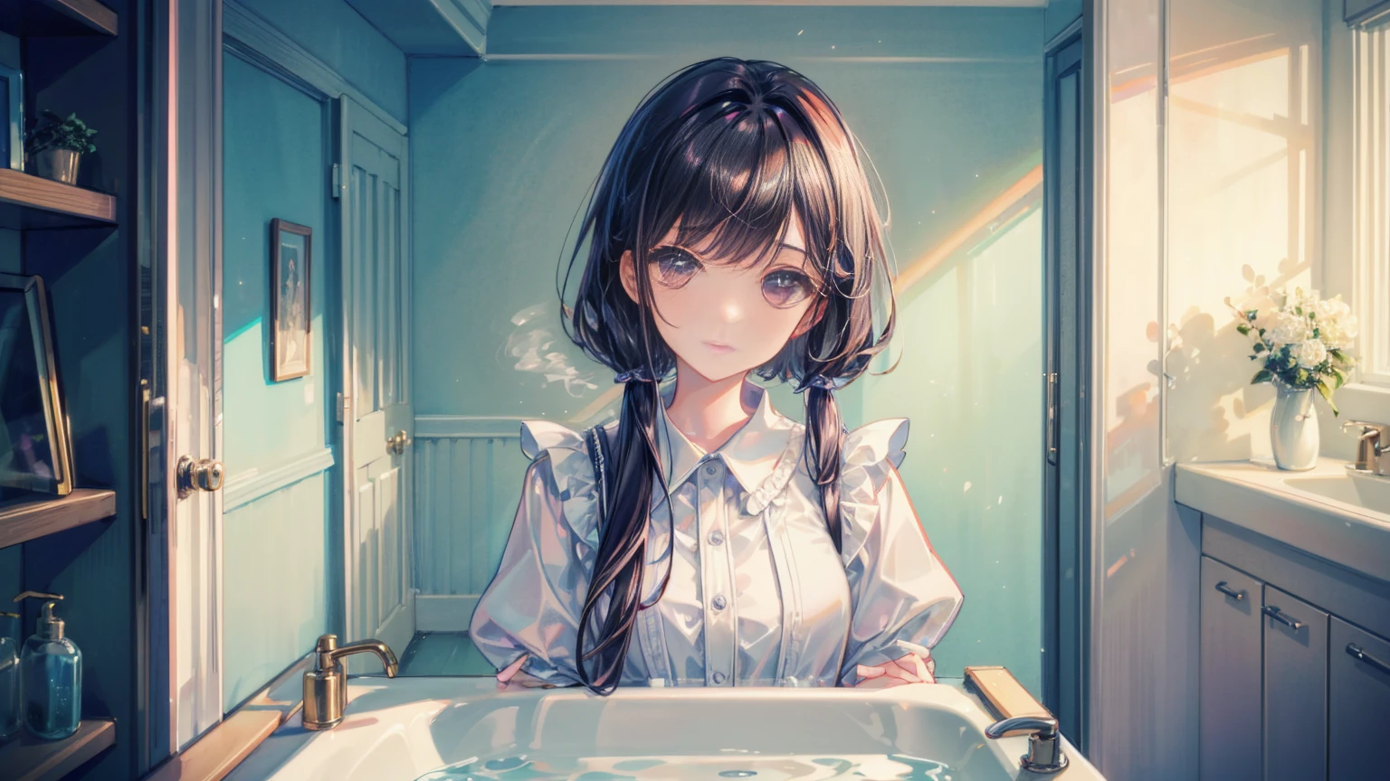 (Very detailed figure), masterpiece, (Very detailed), Detail Quality Top Quality, (Very detailed: 1. 1), Very detailed light reflection, Harmony, Very detailed background, Very detailed, High resolution, production Official art, Very detailed, figure, Novel cover, Beautiful woman、Draw a scene of Misaki standing in front of the bathroom mirror.。Misaki is wearing a transparent dress with a light mist-like texture.。The dress symbolized her loneliness.、It gives a heavy yet ephemeral feeling.。Her expression is sad and introspective.、I&#39;m looking at myself in the mirror。The background is a simple and contemporary bathroom.、The soft morning light shines in、There&#39;s a little bit of steam。The cityscape is faintly reflected in the mirror.。