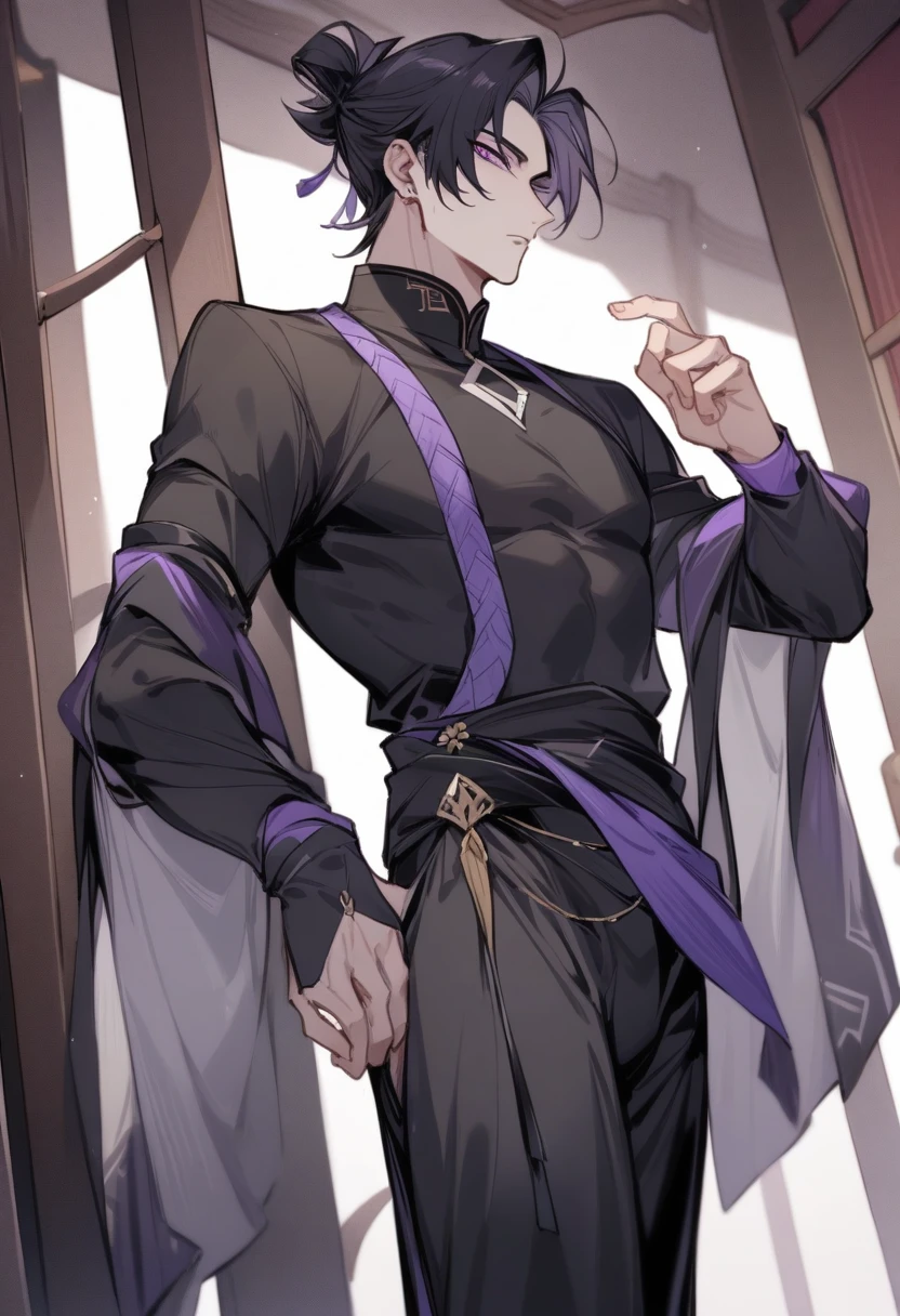 (masterpiece, best quality:1.2), 1male, solo, jiang cheng, mo dao zu shi, mdzs, purple and black clothes, purple eyes, long black hair, perfect anatomy