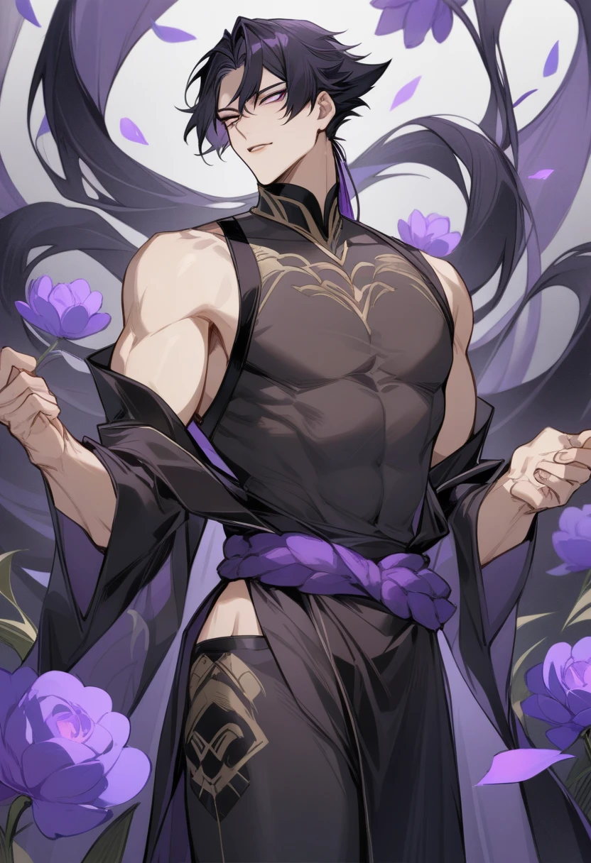 (masterpiece, best quality:1.2), 1male, solo, jiang cheng, mo dao zu shi, mdzs, purple and black clothes, purple eyes, long black hair, perfect ???????