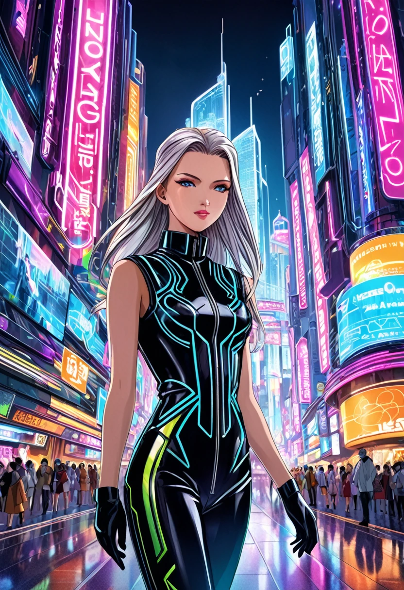 """Create a detailed fantasy close-up artwork of a girl in a bustling, futuristic city. She should be dressed in avant-garde, stylish clothes, blending modern high fashion with fantastical elements. Her outfit should feature intricate patterns, metallic accents, and vibrant colors. Her hair should be sleek and fashion-forward, complementing her overall look. In the background, hints of towering skyscrapers, holographic advertisements, and neon lights should be visible. The overall atmosphere should be dynamic and chic, capturing the essence of a fashion icon in a futuristic urban setting."