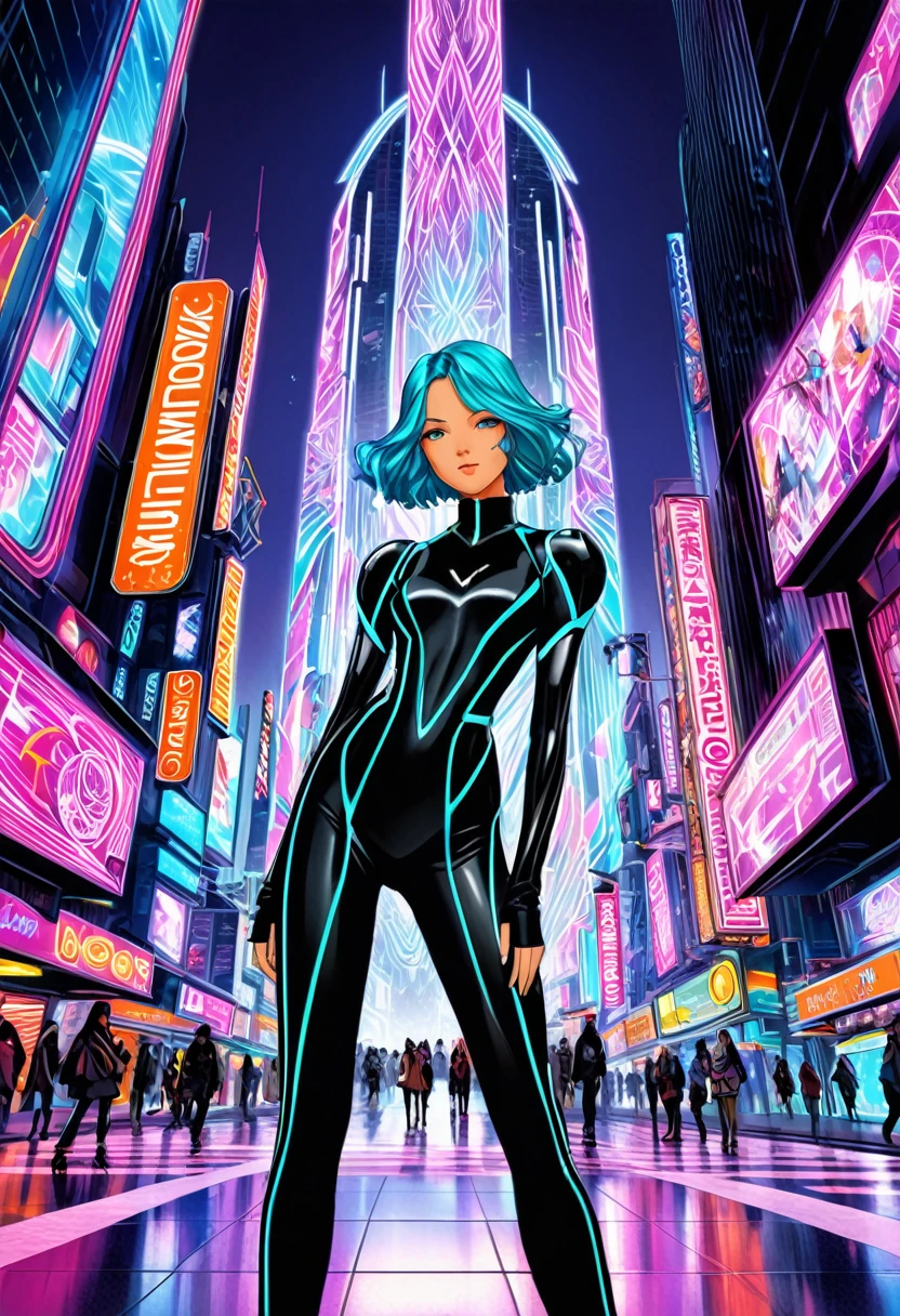 """Create a detailed fantasy close-up artwork of a girl in a bustling, futuristic city. She should be dressed in avant-garde, stylish clothes, blending modern high fashion with fantastical elements. Her outfit should feature intricate patterns, metallic accents, and vibrant colors. Her hair should be sleek and fashion-forward, complementing her overall look. In the background, hints of towering skyscrapers, holographic advertisements, and neon lights should be visible. The overall atmosphere should be dynamic and chic, capturing the essence of a fashion icon in a futuristic urban setting."