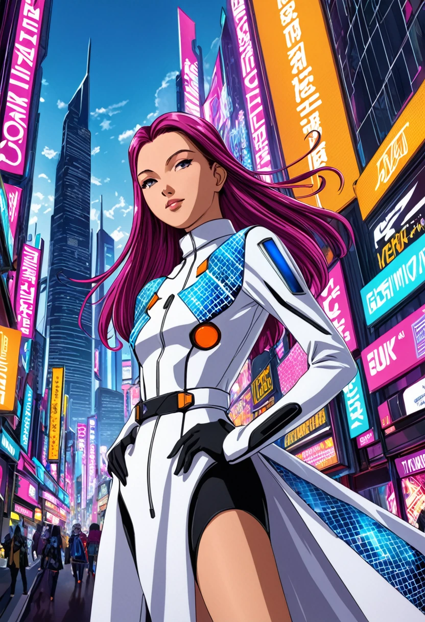 """Create a detailed fantasy close-up artwork of a girl in a bustling, futuristic city. She should be dressed in avant-garde, stylish clothes, blending modern high fashion with fantastical elements. Her outfit should feature intricate patterns, metallic accents, and vibrant colors. Her hair should be sleek and fashion-forward, complementing her overall look. In the background, hints of towering skyscrapers, holographic advertisements, and neon lights should be visible. The overall atmosphere should be dynamic and chic, capturing the essence of a fashion icon in a futuristic urban setting."