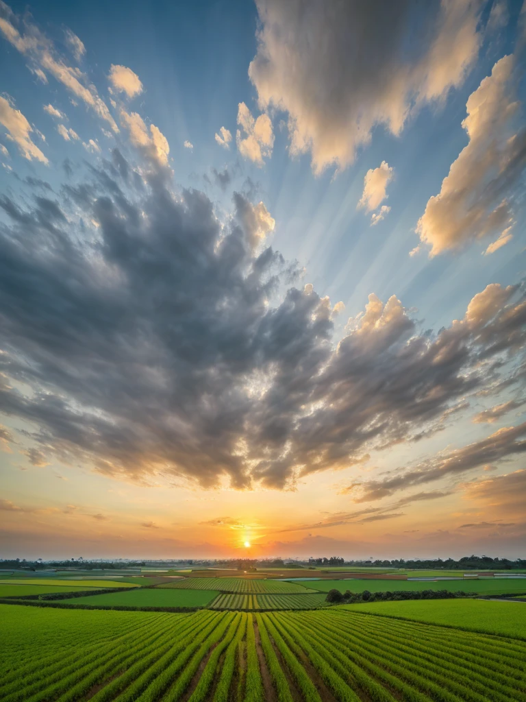 ((best quality)), ((photorealistic)), ((8k)), ((ultra high res)), ((masterpiece)), (detailed), Clouds, rice fields, horizon, sunset, The photo has depth, angle taken from the ground