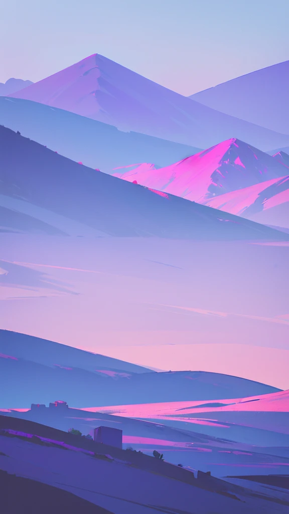 Create a minimalist style landscape with mountains and sky with a purple filter