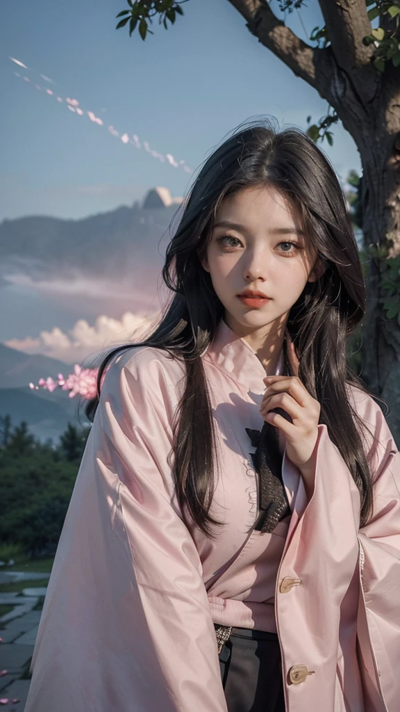 (best quality, masterpiece),(1girl, miko, coat, expression face, black eyes, looking at front ,black hair, walking, upper body), (night strray sky, huge old tree behind, falling glowing pink petals behind, shrine behind, mountain background, blowing wind, meteoric cloud)