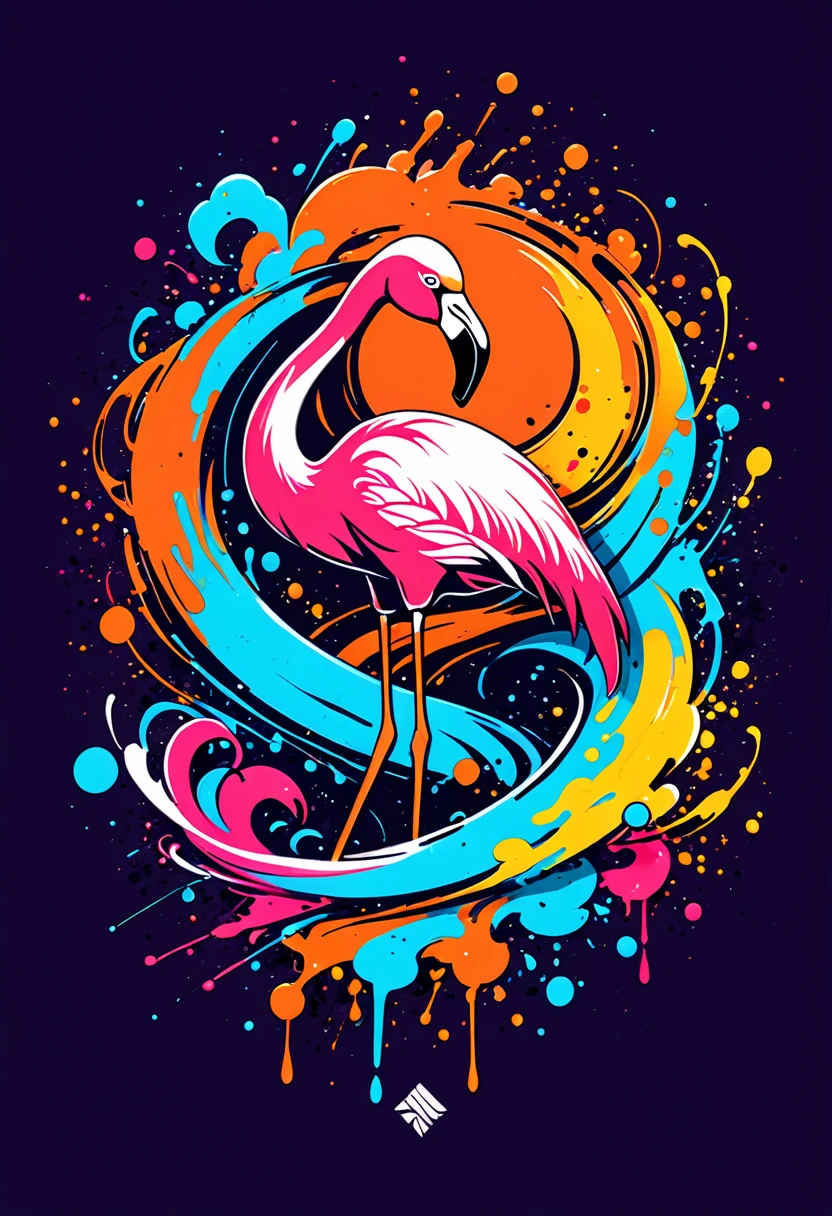 T-shirt logo with vector art, Colorful illustration with flamingo, At the center, swirly vibrant colors，graffiti art，ink spatter，Wild and unbridled，paint splash painting，rich and colorful，visual impact,modern aesthetic,Elegant and simple