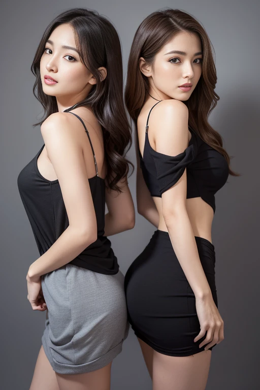 ((Two housewives in their twenties bending over slightly、Hands on both knees:1.2))、((They stand shoulder to shoulder、Waist to waist)), (Black tank top:1.4)、(服の上fromお尻の形がかすかに見えます.)、((Captivating look:1.*******ur ass is facing us:1.3))、((Sexy Smile))((Medium long wavy hair))The face is neat and tidy、Detailed face、Beautiful Face、Tying up hair、Light brown eyes、２People Girls、Innocence、(Photorealistic)、(Intricate details:1.2)、(masterpiece、:1.3)、(Highest quality:1.4)、(Ultra-high resolution:1.2)、Ultra-high resolution、(Detailed eyes)、(Detailed faceの特徴)、Hmph、8K resolution、Large Breasts, from_On top of that, sleeve_here_wrist, Breasts pressed together, ((Tilt_forward)), ((bent_that&#39;s all:1.3)),(((Skinny jeans)))