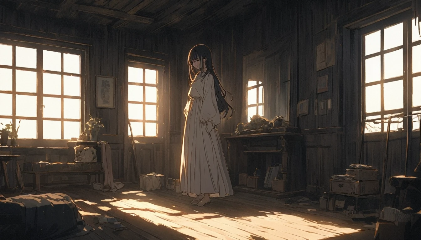 An anime girl standing in a softly lit room with a melancholic expression.  The background shows a cozy room with personal items scattered around, indicating a once cherished relationship. A window lets in the soft light of a setting sun, casting long shadows and a warm glow, symbolizing the passage of time and fading hopes. The girl's posture is slightly slumped, conveying her emotional struggle. The atmosphere is filled with a sense of sadness and realization, but also a hint of strength as she begins to accept the reality and move on. The lighting enhances her reflective mood, with shadows accentuating the depth of her emotions.
