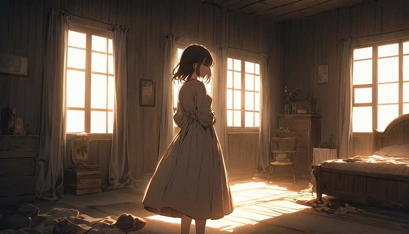 An anime girl standing in a softly lit room with a melancholic expression.  The background shows a cozy room with personal items scattered around, indicating a once cherished relationship. A window lets in the soft light of a setting sun, casting long shadows and a warm glow, symbolizing the passage of time and fading hopes. The girl's posture is slightly slumped, conveying her emotional struggle. The atmosphere is filled with a sense of sadness and realization, but also a hint of strength as she begins to accept the reality and move on. The lighting enhances her reflective mood, with shadows accentuating the depth of her emotions.

