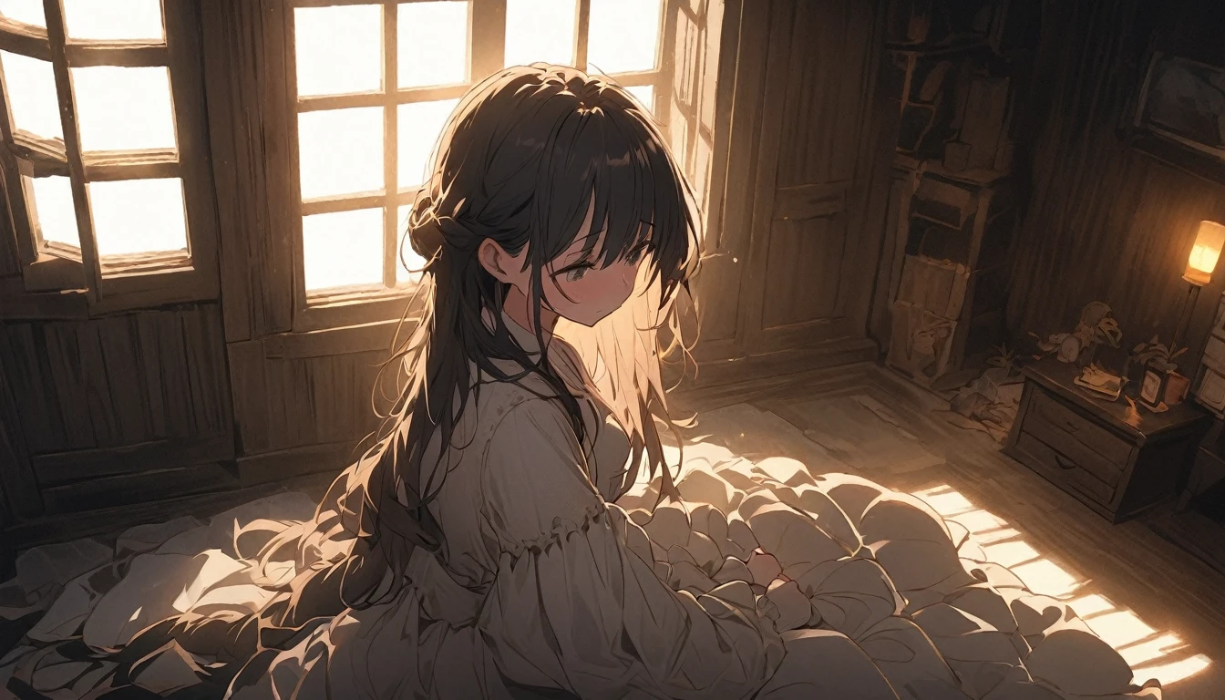 An anime girl standing in a softly lit room with a melancholic expression. The background shows a cozy room with personal items scattered around, indicating a once cherished relationship. A window lets in the soft light of a setting sun, casting long shadows and a warm glow, symbolizing the passage of time and fading hopes. The girl's posture is slightly slumped, conveying her emotional struggle. The atmosphere is filled with a sense of sadness and realization, but also a hint of strength as she begins to accept the reality and move on. The lighting enhances her reflective mood, with shadows accentuating the depth of her emotions.