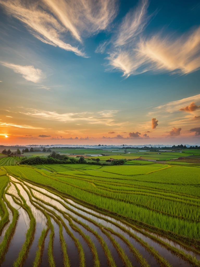 ((best quality)), ((photorealistic)), ((8k)), ((ultra high res)), ((masterpiece)), (detailed), Clouds, rice fields, horizon, sunset