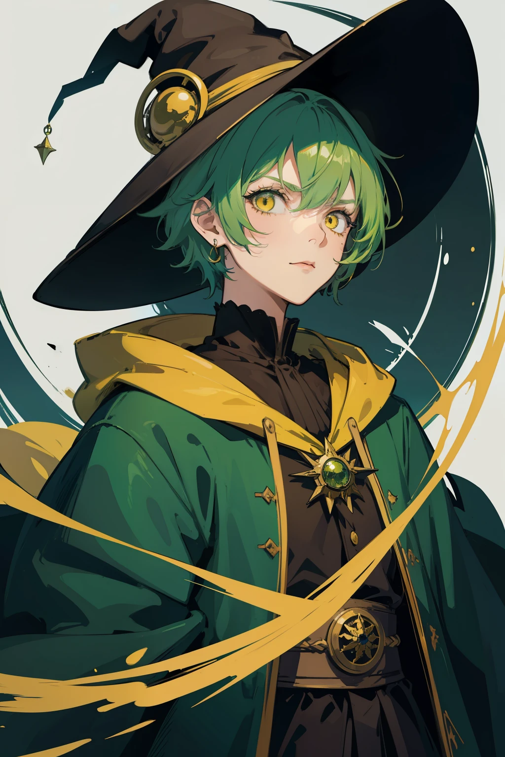 anime character, short green hair, yellow eyes, wizard, witch, big wizard hat, adventurer outfit, closed mouth, serious, anime, Gothic art, high details, high quality, 4K, HD, masterpiece, anatomically correct