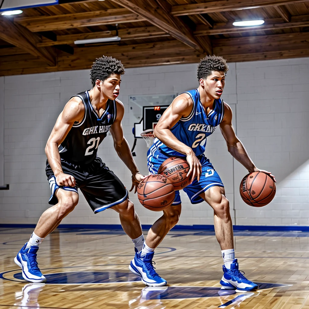 (basketball gym), high ceiling, (hardwood floor), (basketball court), sweaty JackHarrer is a basketballplayer, sweaty gray  tank top, shorts, white socks, black sneakers, basketball, dynamic movement, dribbling, (((full body portrait))), wide angle  