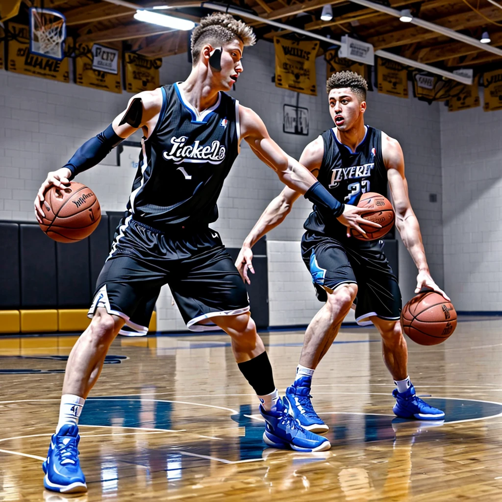 (basketball gym), high ceiling, (hardwood floor), (basketball court), sweaty JackHarrer is a basketballplayer, sweaty gray  tank top, shorts, white socks, black sneakers, basketball, dynamic movement, dribbling, (((full body portrait))), wide angle  